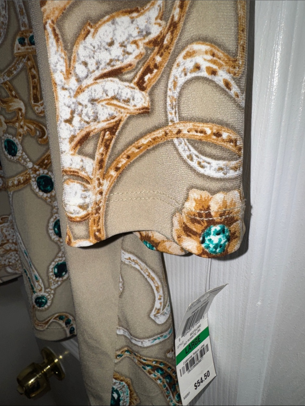 JM Collection Cream Tunic with Gold Embroidery and Emerald Jeweled Accents - Picture 3 of 4